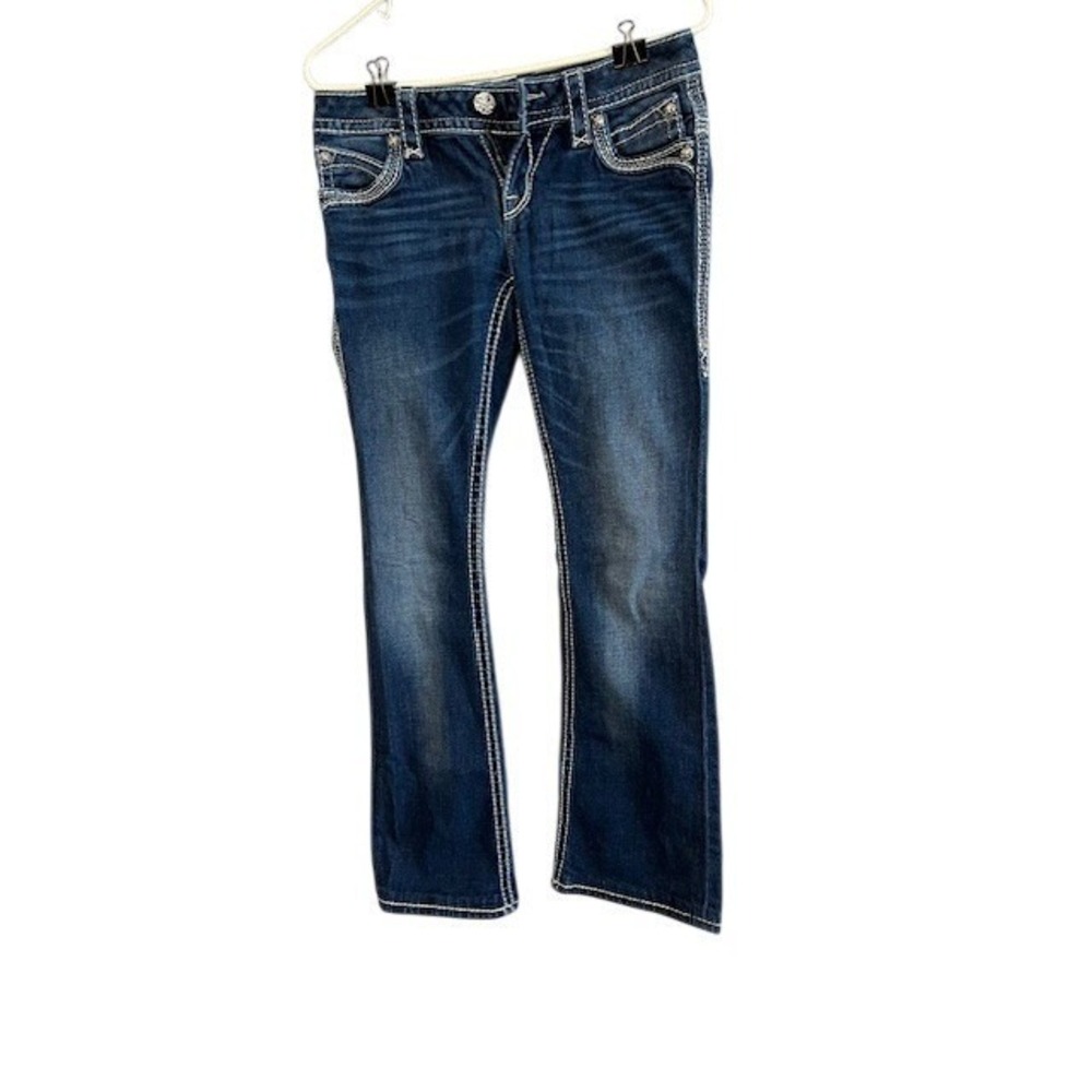 Miss Me Womens Bootcut Jeans Dark Wash Contrast Stitch Embellished Low Rise Den